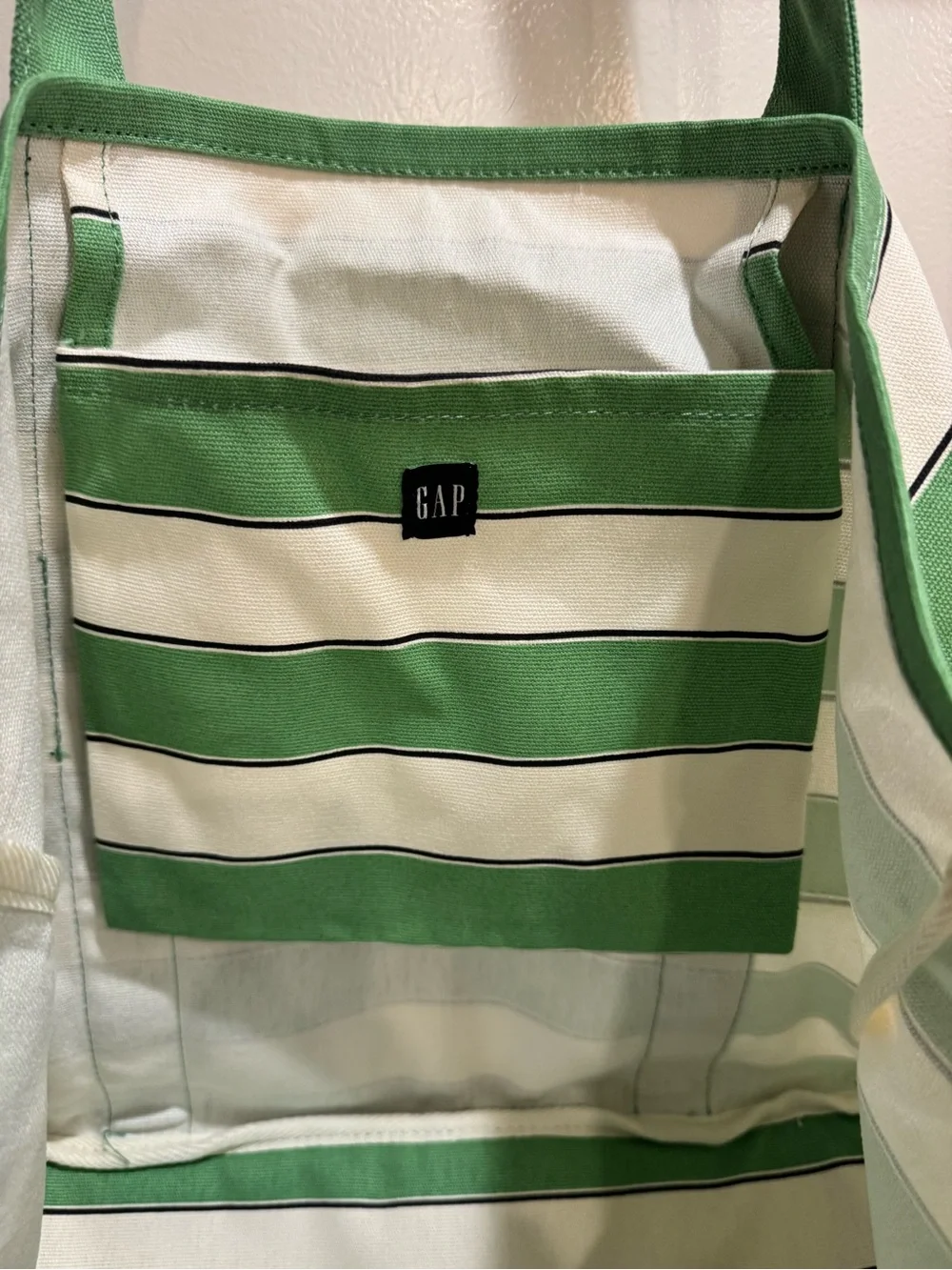 NWT GAP Green and White Striped Canvas Tote with Interior Pocket